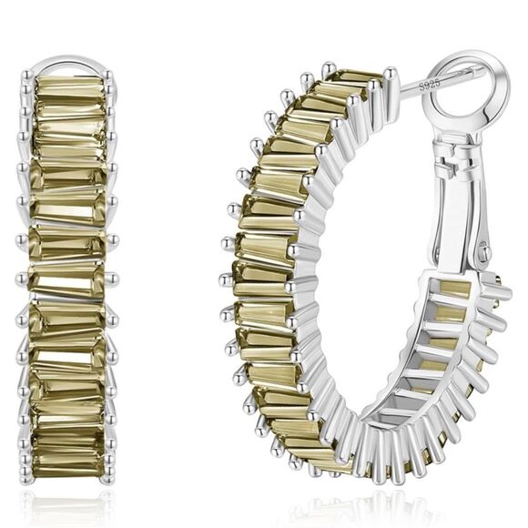 14K White Gold with Green Peridot Cubic Zirconia Drop Hoop Leverback Earrings - Picture 1 of 7